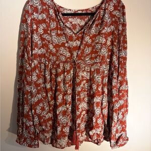 Stevie Hender Rust Floral Split Sleeve Boho Fall Blouse Size M